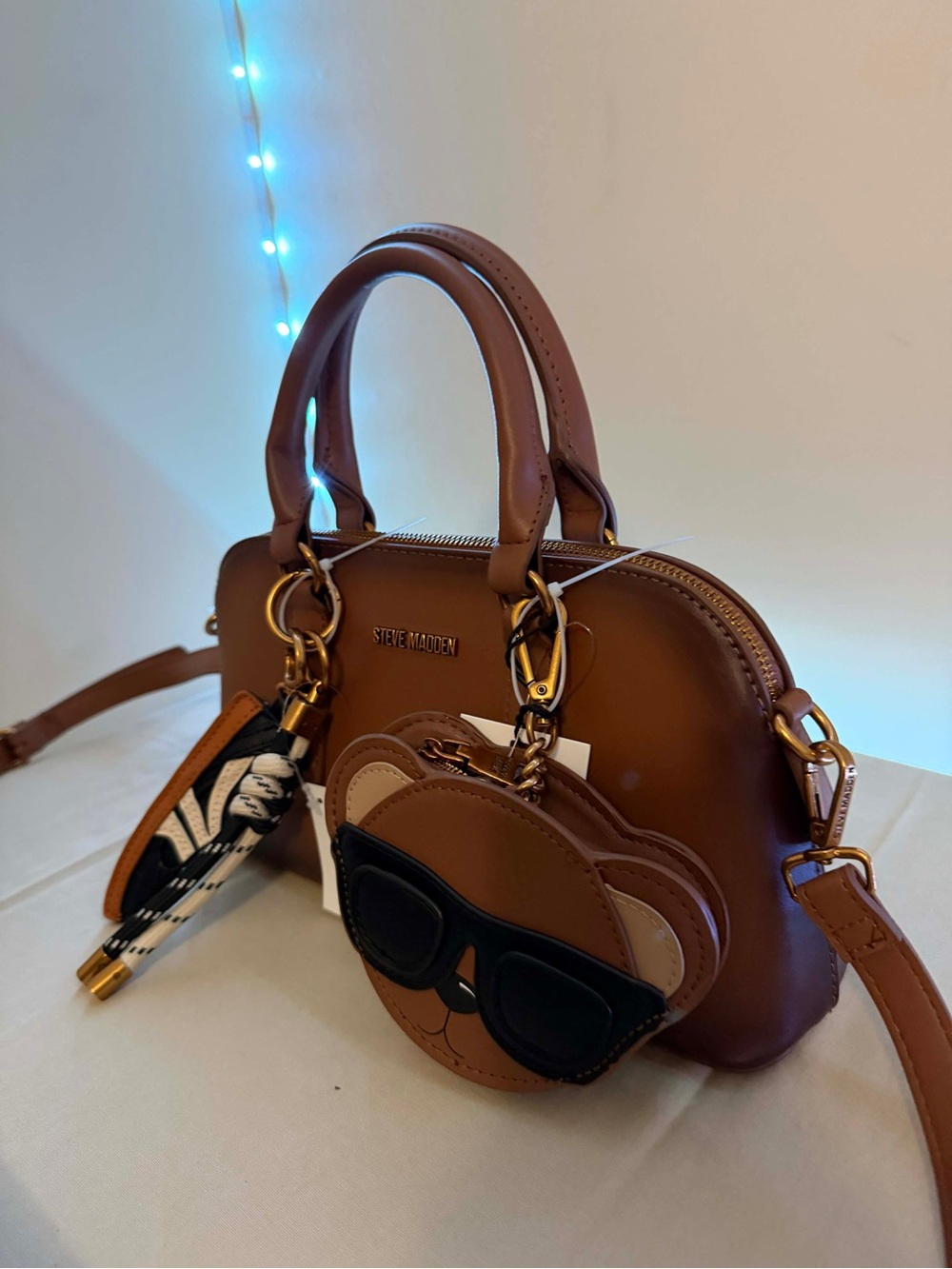 Steve Madden Brown Leather-Look Top-Handle Satchel with Bear Charm